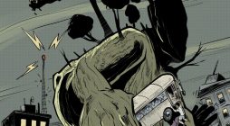 Tales from the Omni Grove cover art. A giant creature holding a city bus smashes through town at night